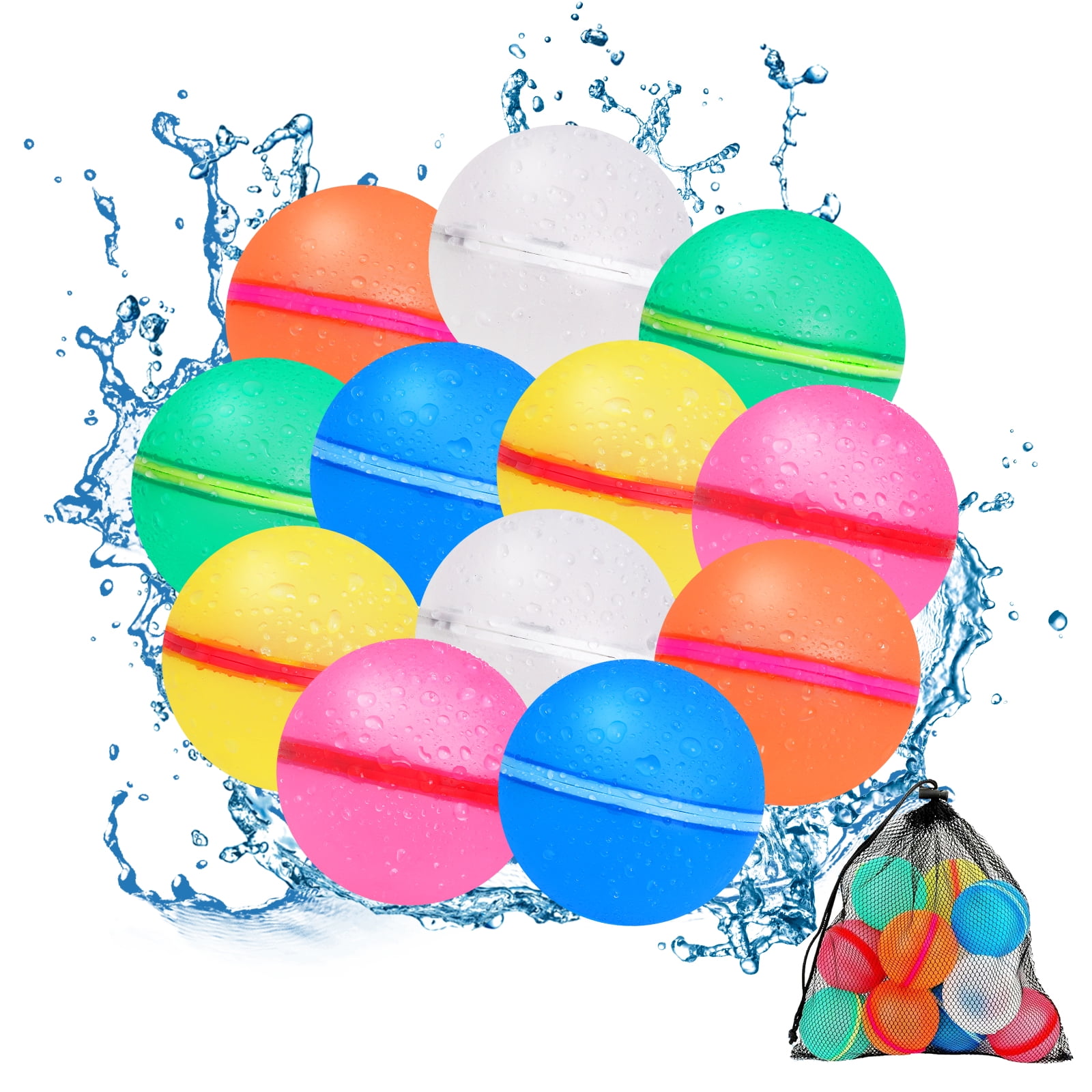 Caltero 16 Pack Reusable Water Balloons, Refillable Reusable Water Balloons for Kids, Self-Sealing Water Balloons with Mesh Bag, Silicone, Multiple Colors