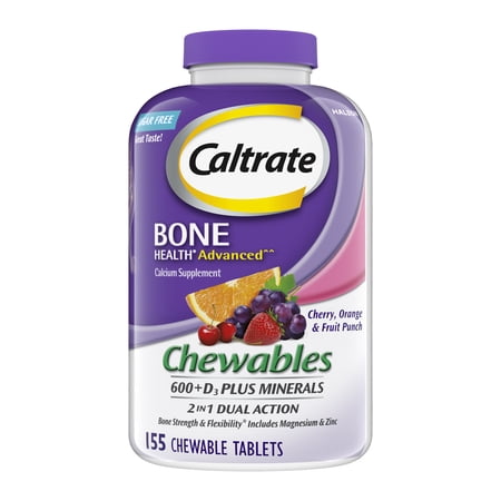 Caltrate Chewables 600 +D3 Plus Minerals Calcium and Vitamin D, Sugar Free, Cherry, Orange and Fruit Punch, 155 Count