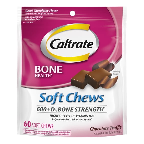 Caltrate Soft Chews 600+D3 Calcium Vitamin D Supplement, Chocolate Truffle - 60 Count