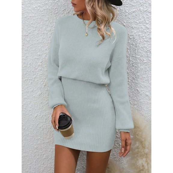 Calvaya Drop Shoulder Ribbed Knit Sweater Dress Fall Winter Cloth For Women