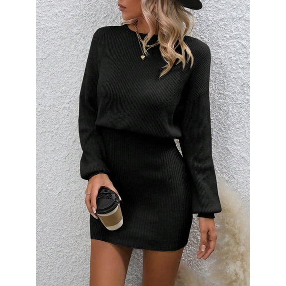 Calvaya Drop Shoulder Ribbed Knit Sweater Dress Fall Winter Cloth For Women