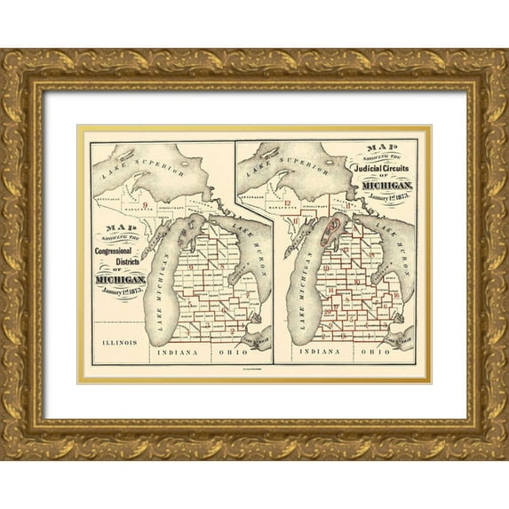 Calvert 24x18 Gold Ornate Wood Framed with Double Matting Museum Art Print Titled - Michigan Congressional Districts, JC