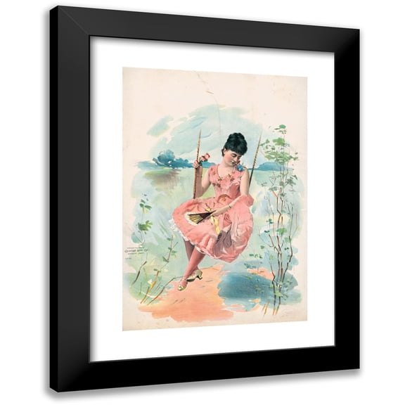 Calvert Litho. Co 14x18 Black Modern Framed Museum Art Print Titled - Woman Wearing a Pink Dress with Gold Stars Sitting on a Swing (1892)