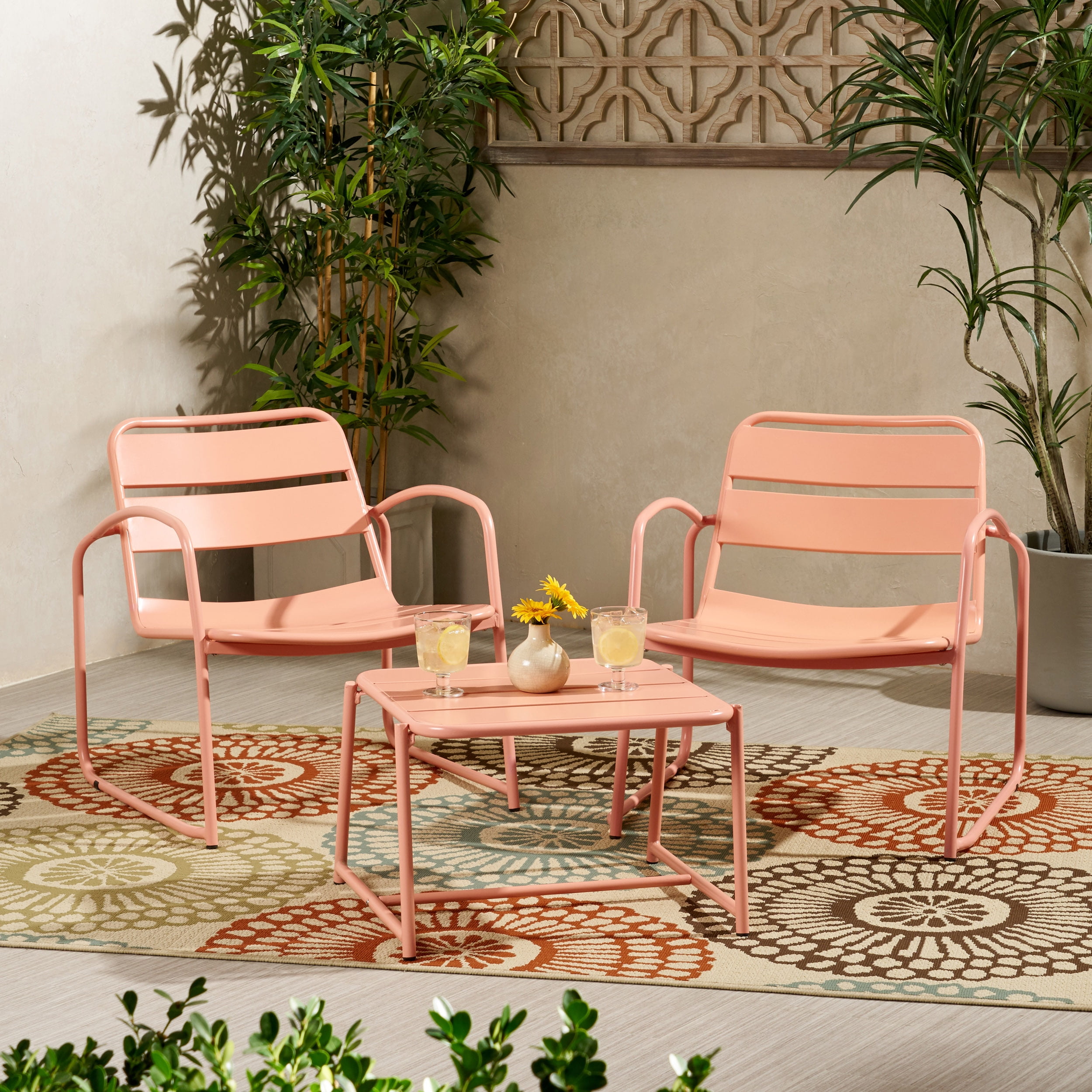 Calvert Outdoor Modern 2 Seater Iron Chat Set, Matte Coral