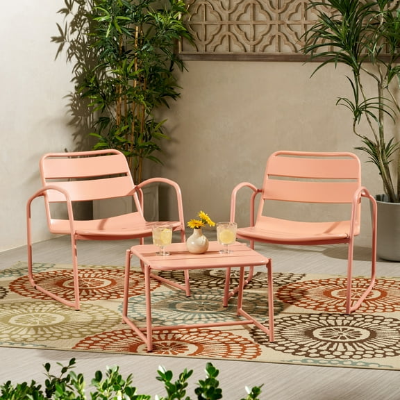 Calvert Outdoor Modern 2 Seater Iron Chat Set, Matte Coral