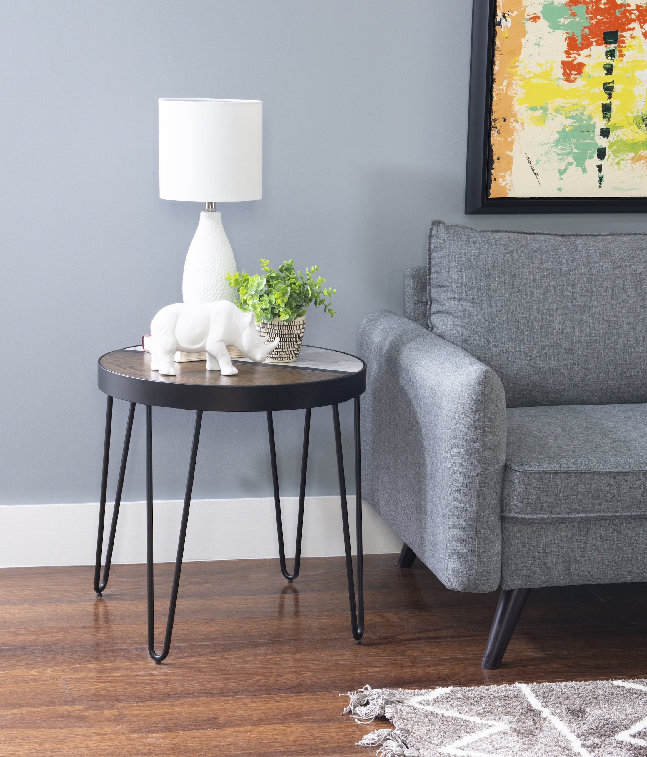 Calvert Round MidCentury Side Table with Hairpin Legs, Walnut