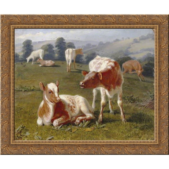 Calves in a Meadow 24x20 Gold Ornate Wood Framed Canvas Art by Briton Riviere