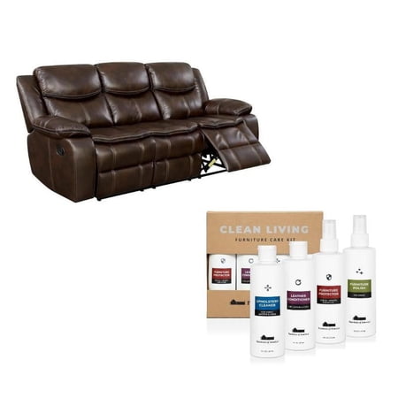 Calvin 2-Piece Brown Faux Leather Reclining Sofa with Cleaning Kit Set