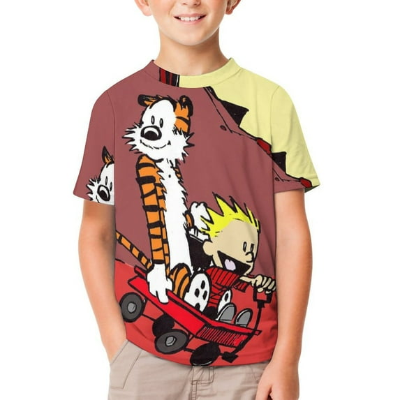 Calvin And Hobbes Kid Shirts Unisex Casual Tops 3D Print Graphic Tees Short Sleeve T Shirts for Boys Girls 160CM