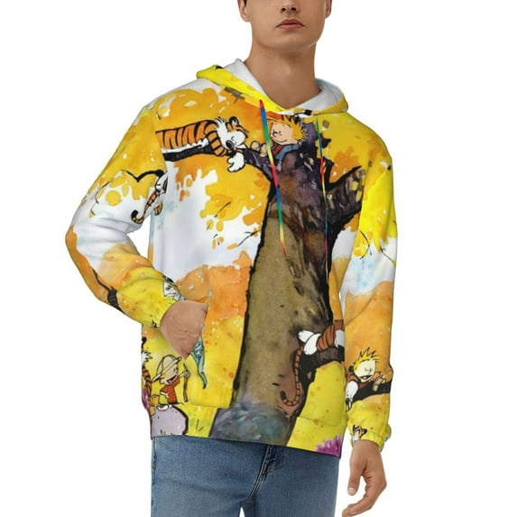 Calvin And Hobbes Men's Hoodie With Color Drawstrings Sweatshirt Hooded Pullover Print Winter Coat Jacket Medium