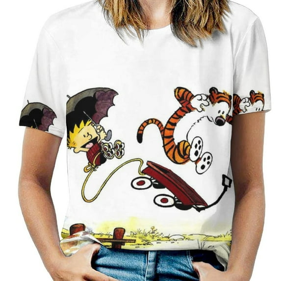 Calvin And Hobbes T-Shirt for Women Casual Printed Tee Stylish Soft Graphic Shirts Top Short-Sleeve Outfit S