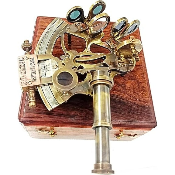 Calvin Collectible Antique Nautical Brass Astrolabe German Marine Sextant w/Wooden Box Nautical Marine Sextant with Ross Wood Gift Box/Brass Sextant/Nautical Sextant