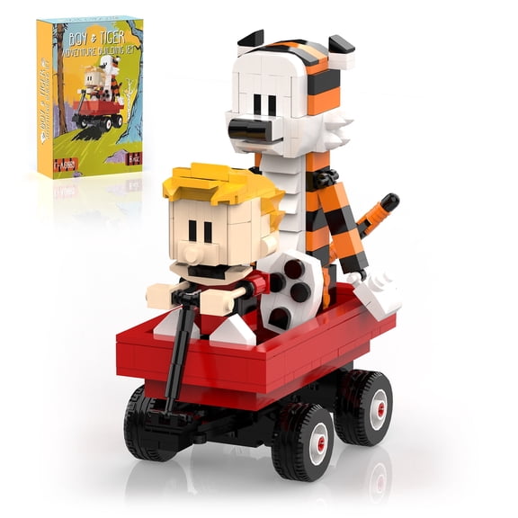 358 Pcs Boy & Tiger Red Wagon Building Set, 180 Rotatable Joints & Spinning Wheels, Creative Educational Building Toy Gift for Boys Girls Adults 6+