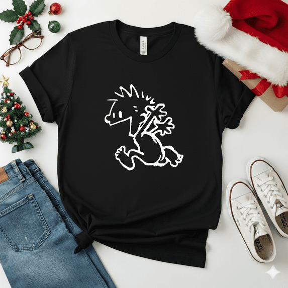 Calvin & Hobbes Running Naked Funny Comic Strip Nostalgia Cartoon Unisex T-Shirt V17760, S-5XL