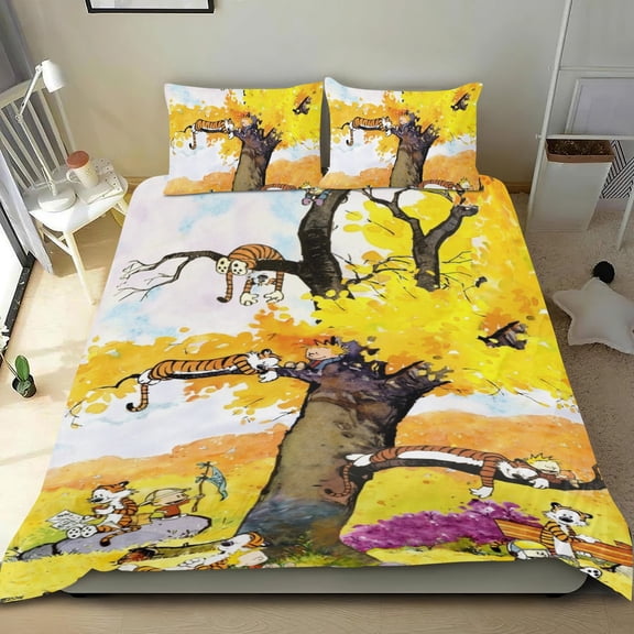 Calvin & Hobbes Themed Bed Sheet Set Three Piece Set 53x79 In ches Comfortable And Skin Friendly Unique Design Creating A Star Studded Night Home Decor Gifts For Family Friends fans
