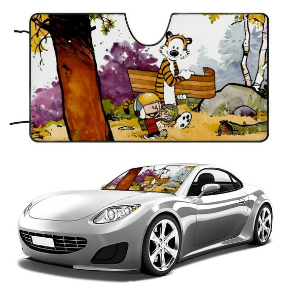 Calvin & Hobbes-theme Windshield Sun Shade Front Protector Folding Car Sun Visor Blocks Uv Rays Keeps Your Vehicle Cool56in*30in(140*76cm)