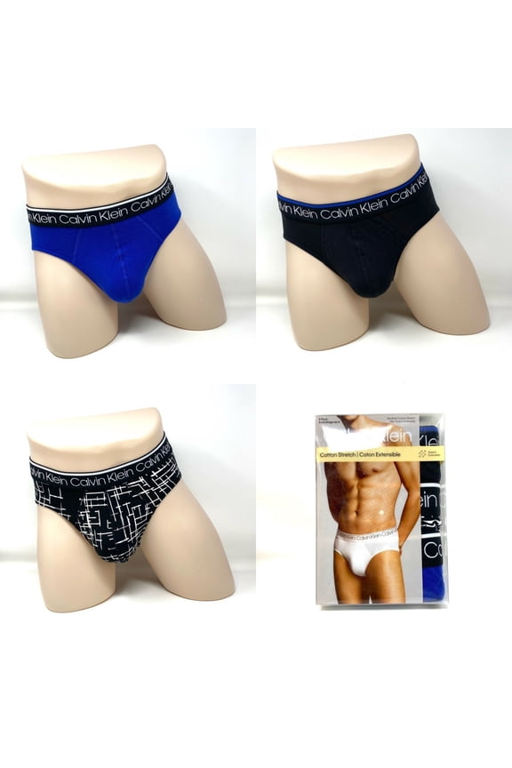 3 Pack Cotton Stretch Hip Brief Blue Black Logo CK Men's Size