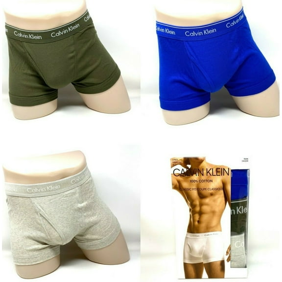 Calvin Klein 3 Pack Trunk Cotton Blue Brown Gray Logo Classic Fit Mens Size