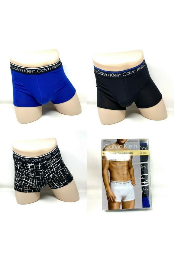 3 Pack Underwear Cotton Stretch Trunk Black Blue CK Men's Size
