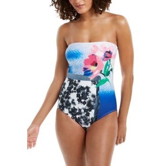 Calvin Klein ATLANTIS MULTI NEON STRIPES Bandeau One-Piece Swimsuit, US 12
