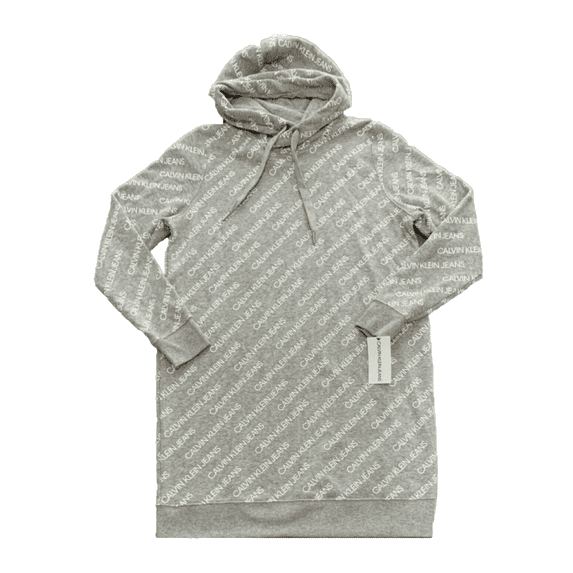Calvin Klein Allover Logo Print Hoodie Dress,Gray,S