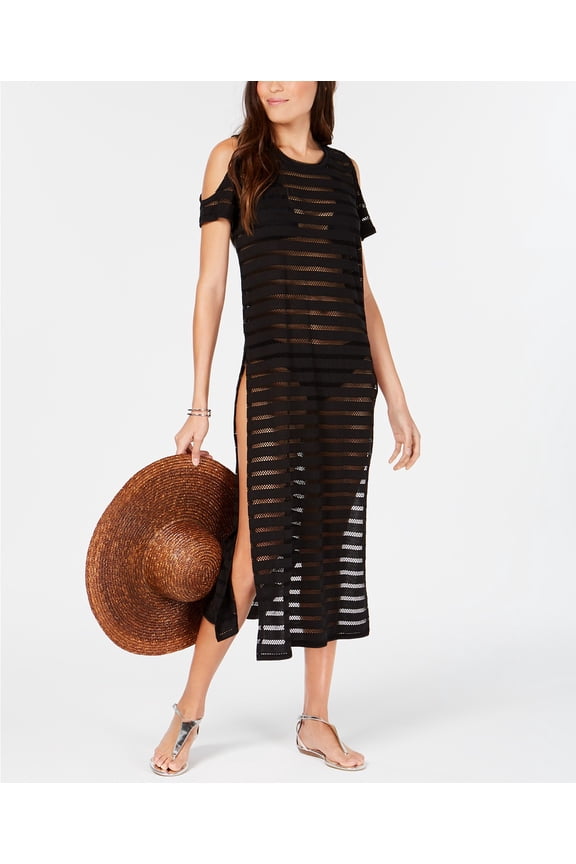 BLACK Crochet Striped Cold-Shoulder Swim Cover-up, US Small/Medium