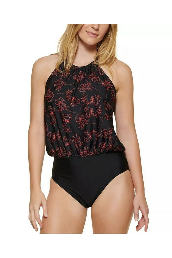BLACK ENERGY CORAL FLORAL Blouson One-Piece Swimsuit , US 12