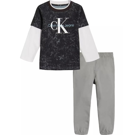 Calvin Klein BLACK/GRAY Boy Twofer Logo T-shirt & Twill Joggers, 2 Pc Set. US 2T