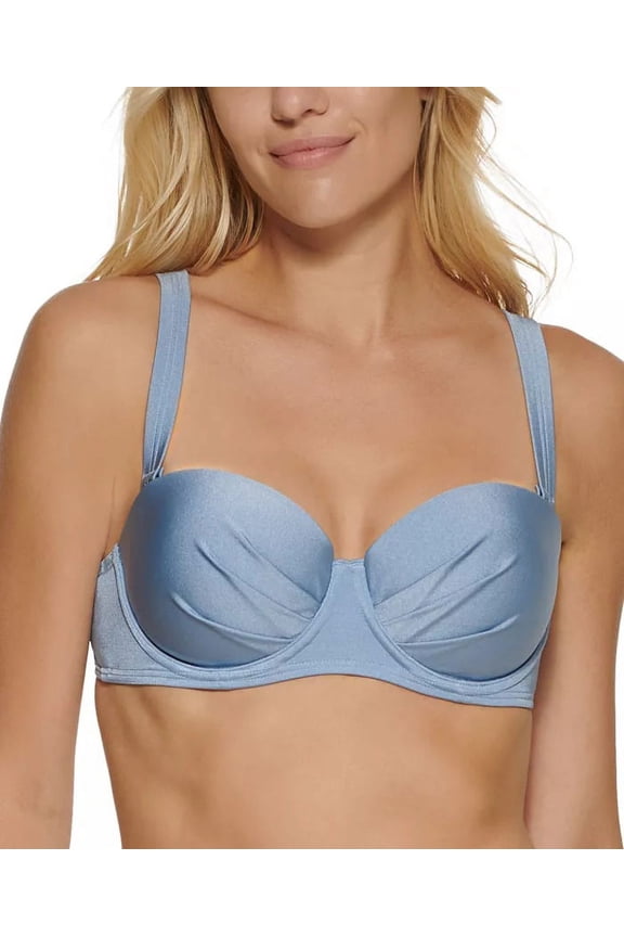 BLUE Pleated Underwire Bikini Swim Top, US Medium