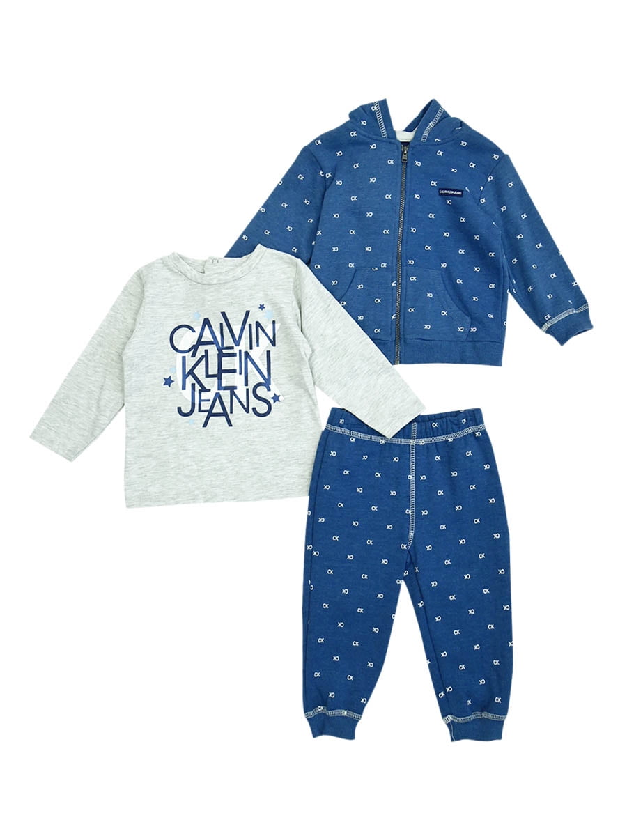 Calvin Klein Baby Boy's 3-PC Logo-Print Hoodie/T-Shirt/Pants Set(18M, Blue/Grey)