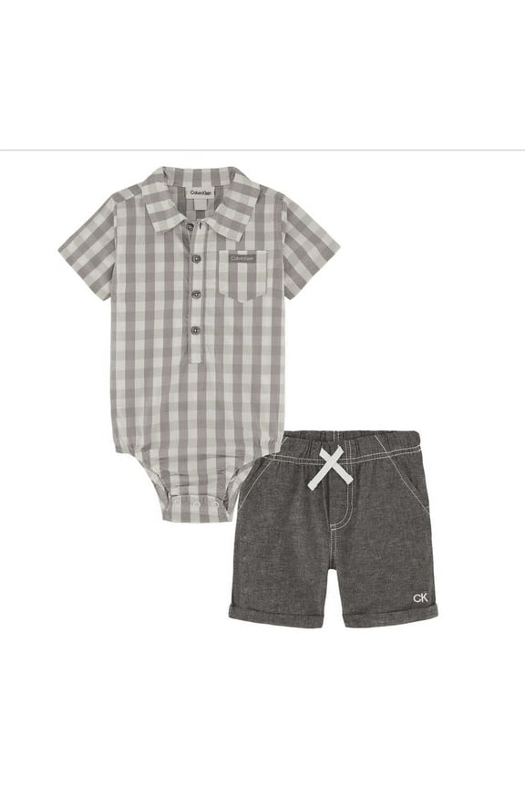 Baby Boys Woven Check Short Sleeve Poplin Bodysuit and Chambray Shorts, 2 Piece Set - Gray
