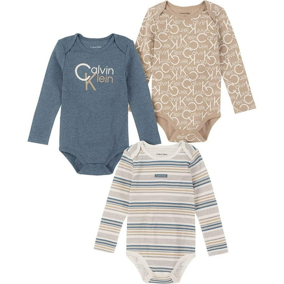 Calvin Klein Boys 0-9 Months 3-Pack Long Sleeve Bodysuits(Beige 3-6 Months)