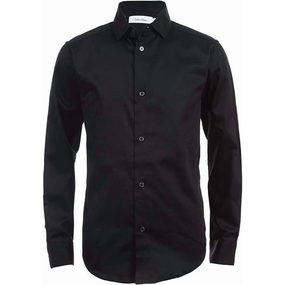 Calvin Klein Boys' Long Sleeve Sateen Dress Shirt, Style with Buttoned Cuffs & Shirttail Hem 20 Black