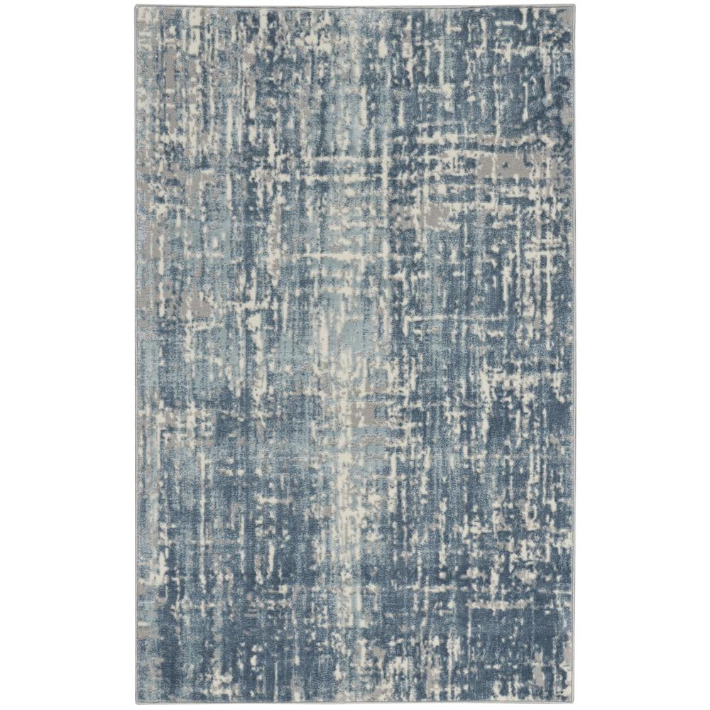 Ivory and Blue Abstract Rectangular Synthetic Rug