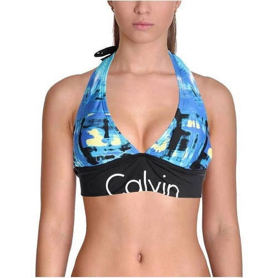Calvin Klein CYAN MONET BLUE Logo Halter Bikini Swim Top, US Small