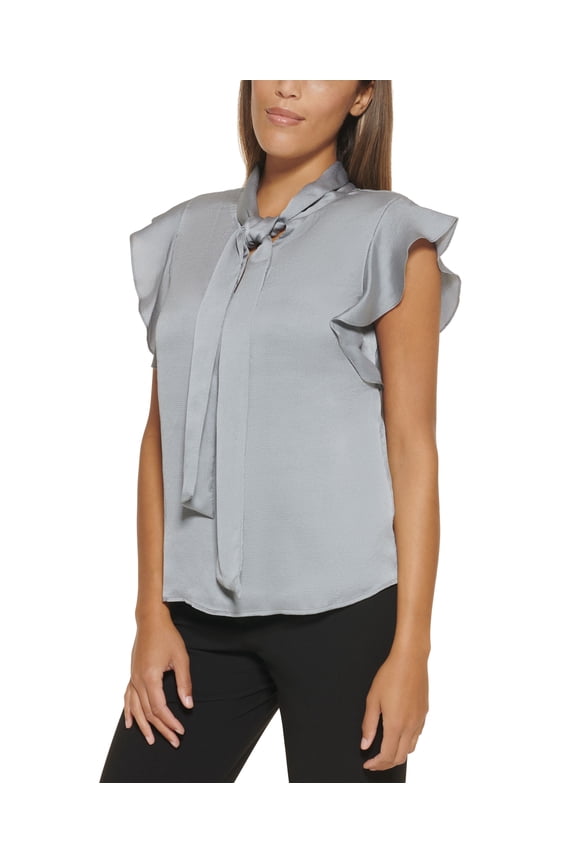 Cap Sleeve Tie Neck Blouse Tin L