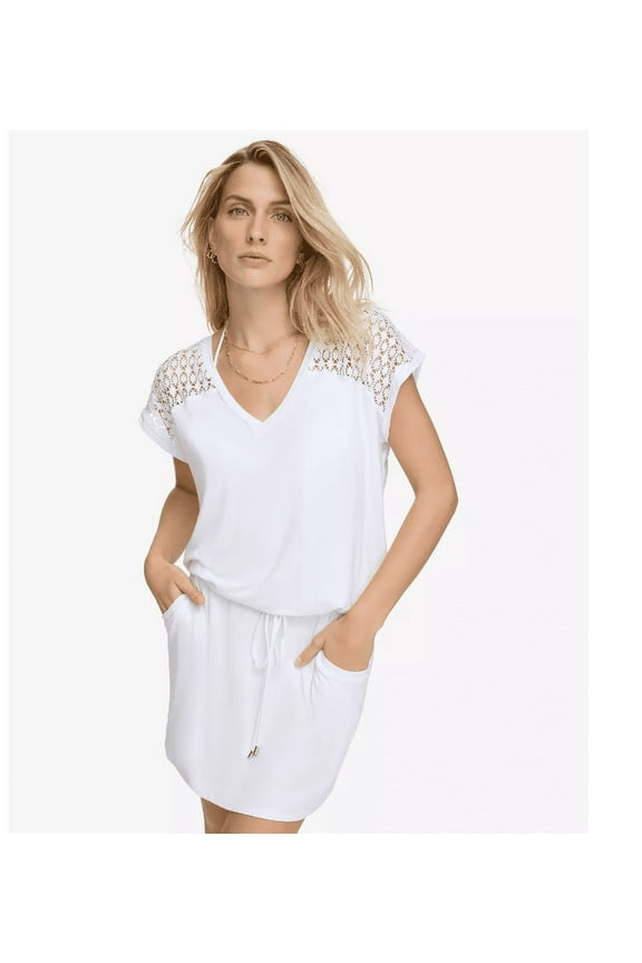 Women's Crochet-Shoulder Tunic Dress Swim Cover-Up L/XL, Soft White