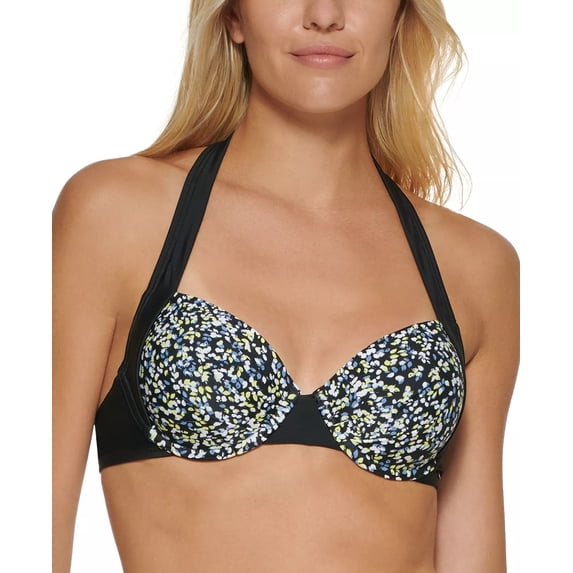 Calvin Klein DITSY BLACK MULTI Printed Convertible Bikini Swim Top, US X-Small