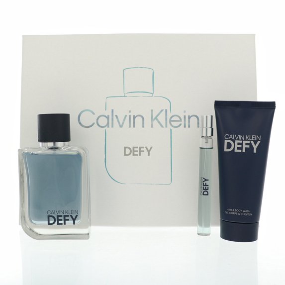 Calvin Klein Defy 3 Piece Set For Men: 3.3 Oz Eau De Toilette Spray, 0.33 Oz Eau De Toilette Spray, 3.3 Oz Hair & Body Wash