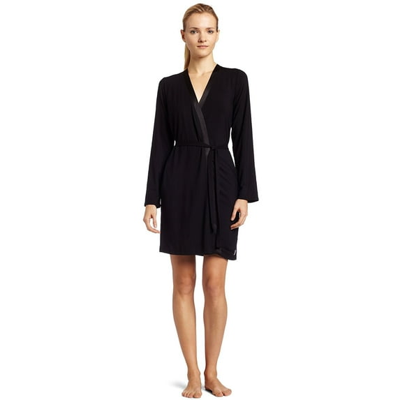 Calvin Klein S2454 Womens Essentials With Satin Short Robe, Black, X-Small/Small