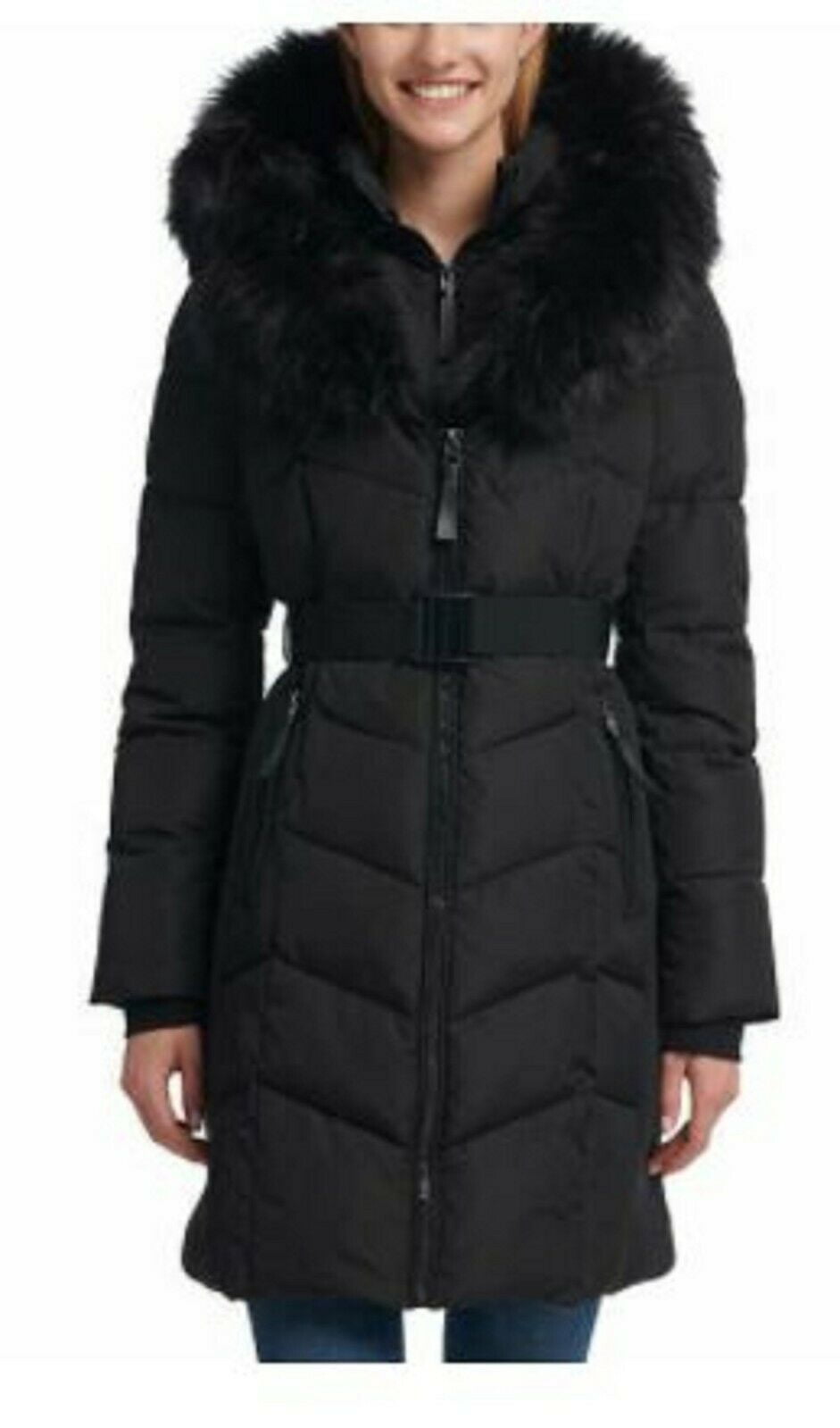 Calvin Klein Faux Fur-Trim Belted Quilted Parka Coat Jacket Size: M ...