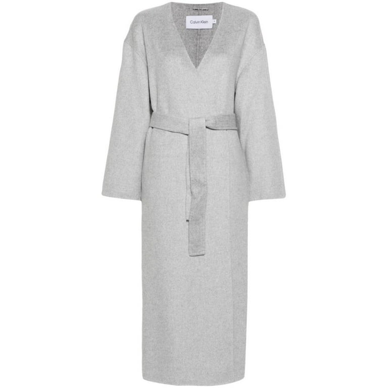 Calvin Klein Female Wool Blend Wrap Coat With Belted Waist And Oversized Sleeves Grey Sizes FR 32 60