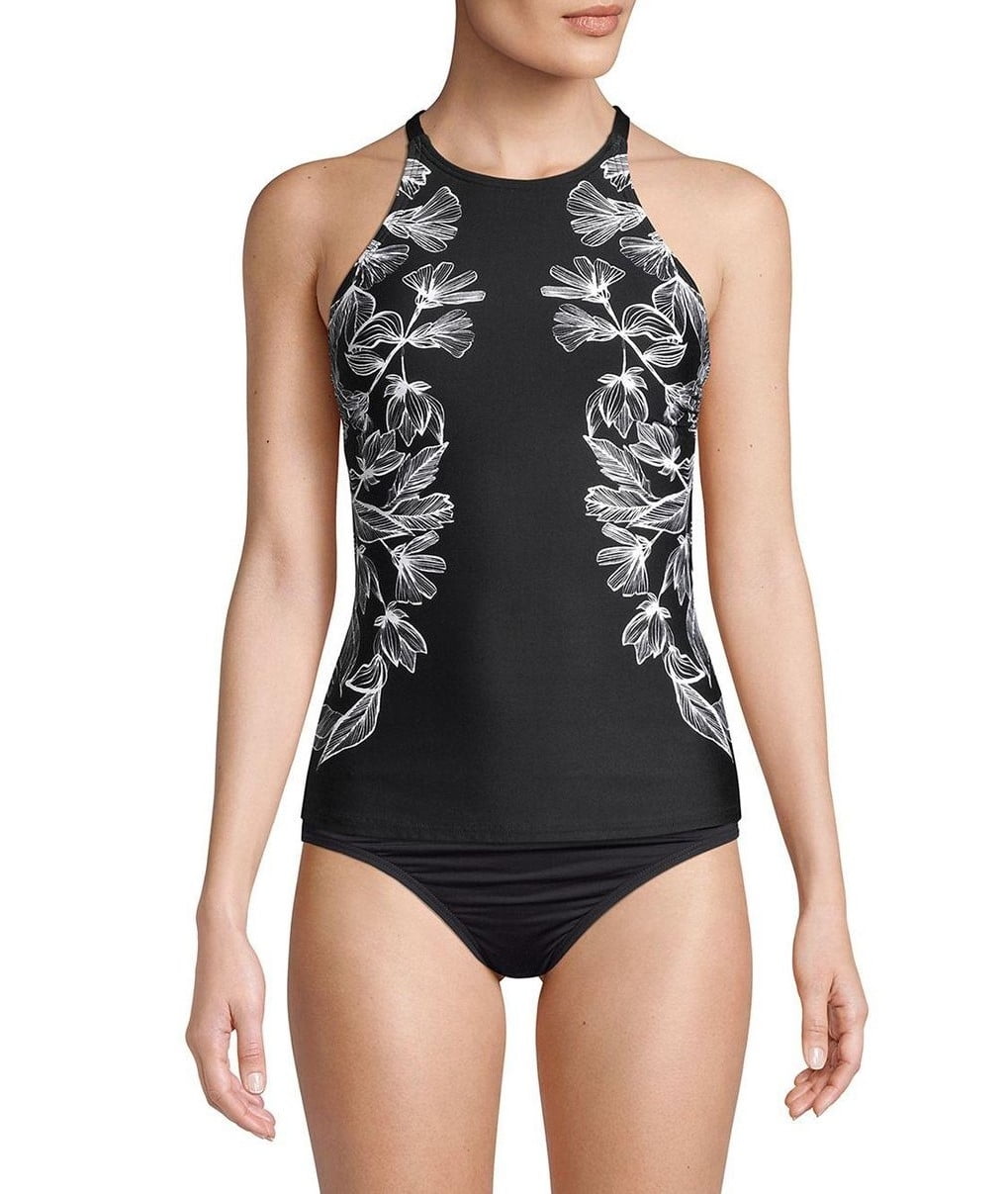Calvin Klein Floral Crossback Halter Tankini Top Black M