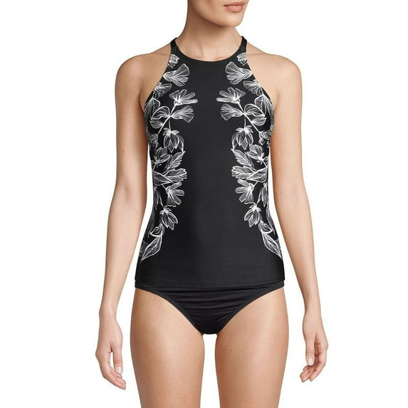 Calvin Klein Floral Crossback Halter Tankini Top Black M