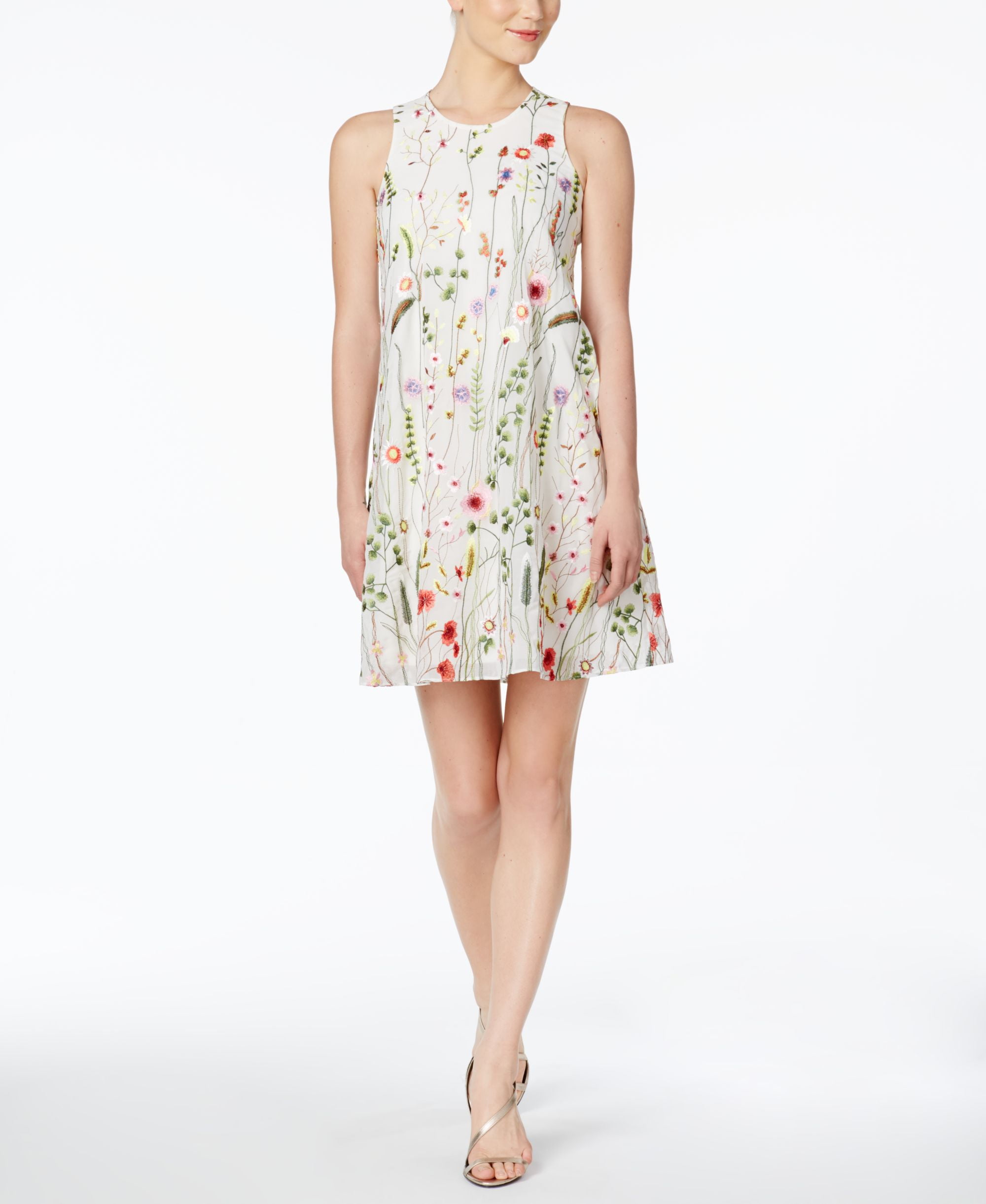 Calvin Klein Floral-Embroidered Trapeze Dress - White 2