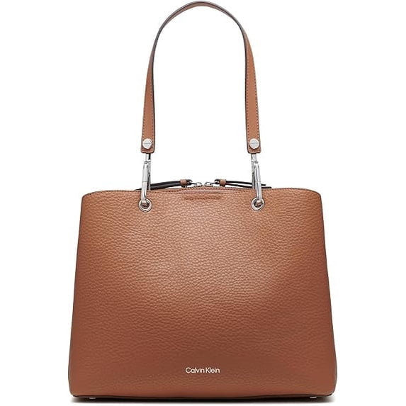 Calvin Klein Garnet Triple Compartment Tote - Leather Shoulder Bag - Caramel