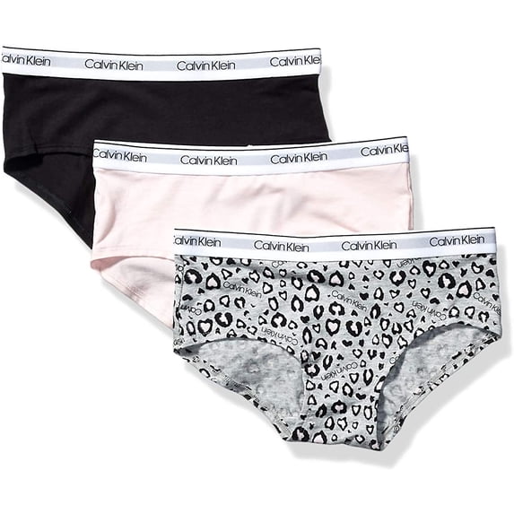 Calvin Klein Girls' Kids Modern Cotton Hipster Underwear, Multipack Large Ck Leo Heather, Crystal Pink, Black - 3 Pack