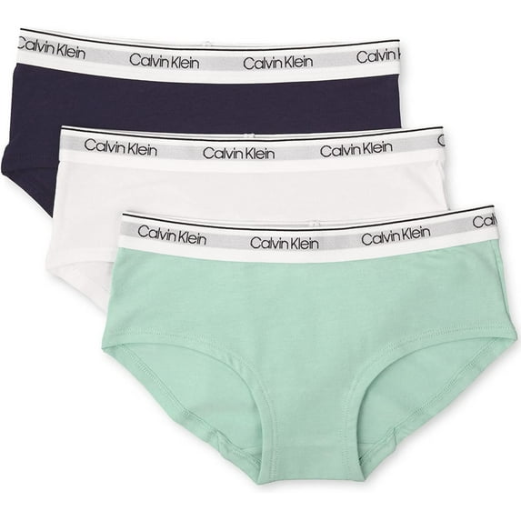 Calvin Klein Girls' Kids Modern Cotton Hipster Underwear, Multipack Medium Teal, Classic White, Symphony Blue - 3 Pack