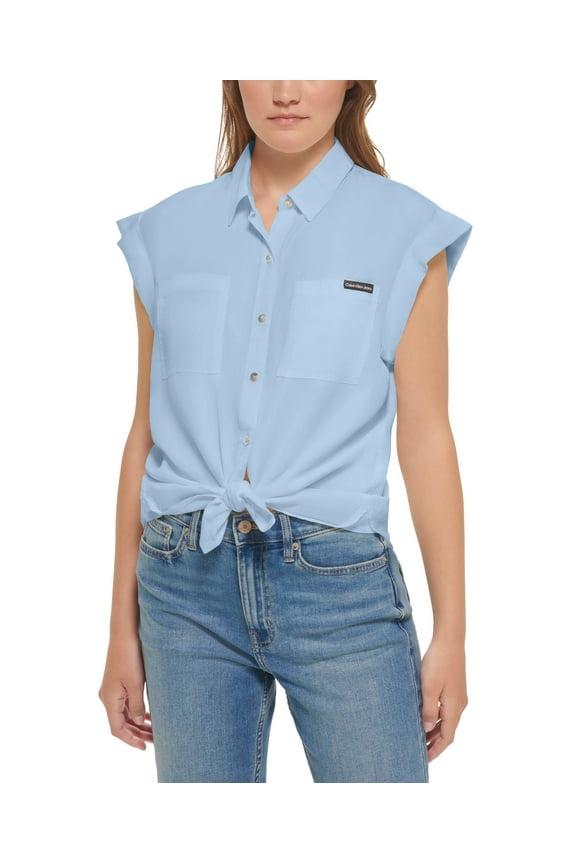 Jeans Petite Cuff-Sleeve Button-Front Shirt Chambray Blue PXS