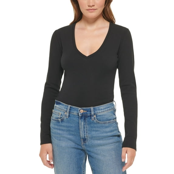 Calvin Klein Jeans Petite Long Sleeve Deep V Neck Bodysuit Black PL